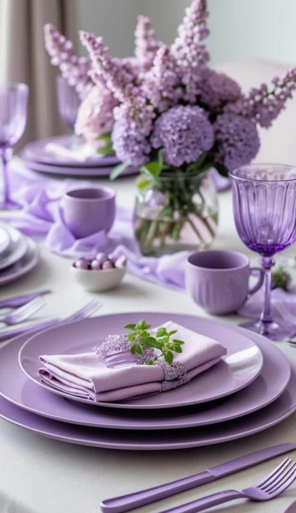 A dining table set with lavender-themed plates, glasses, and napkins, featuring a centerpiece of purple flowers and coordinated tableware.