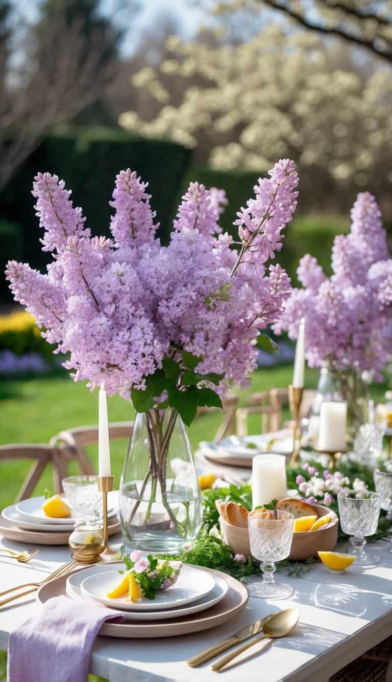 A spring brunch table decorated with fresh lilac flowers in glass vases, white plates, gold flatware, and pastel napkins set outdoors with greenery in the background.