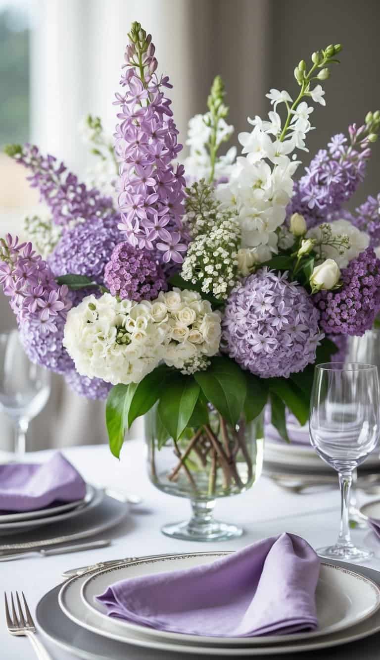 A table set with a floral arrangement of lilac and white flowers in a glass vase, surrounded by plates, napkins, and silverware.