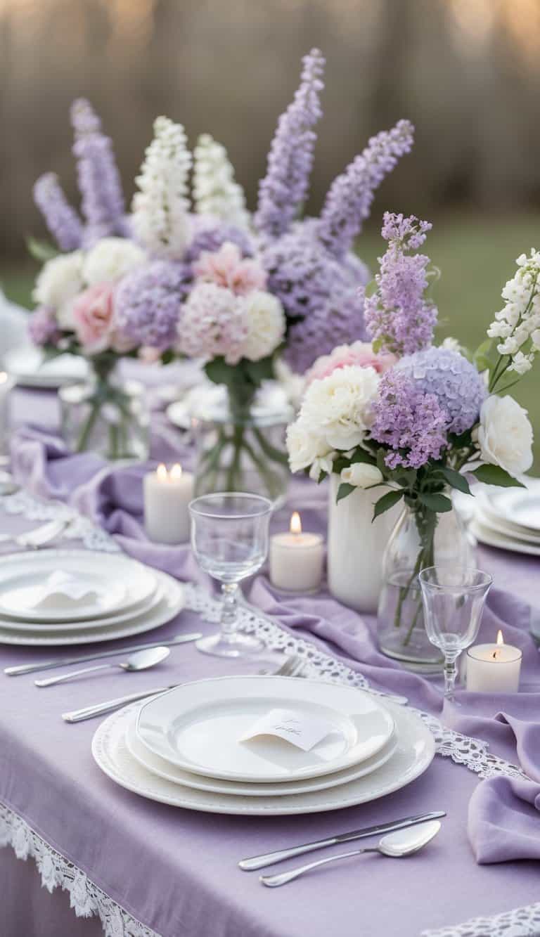 A table set outdoors with a lilac tablecloth with lace edges, white plates, silver cutlery, glassware, and floral centerpieces.