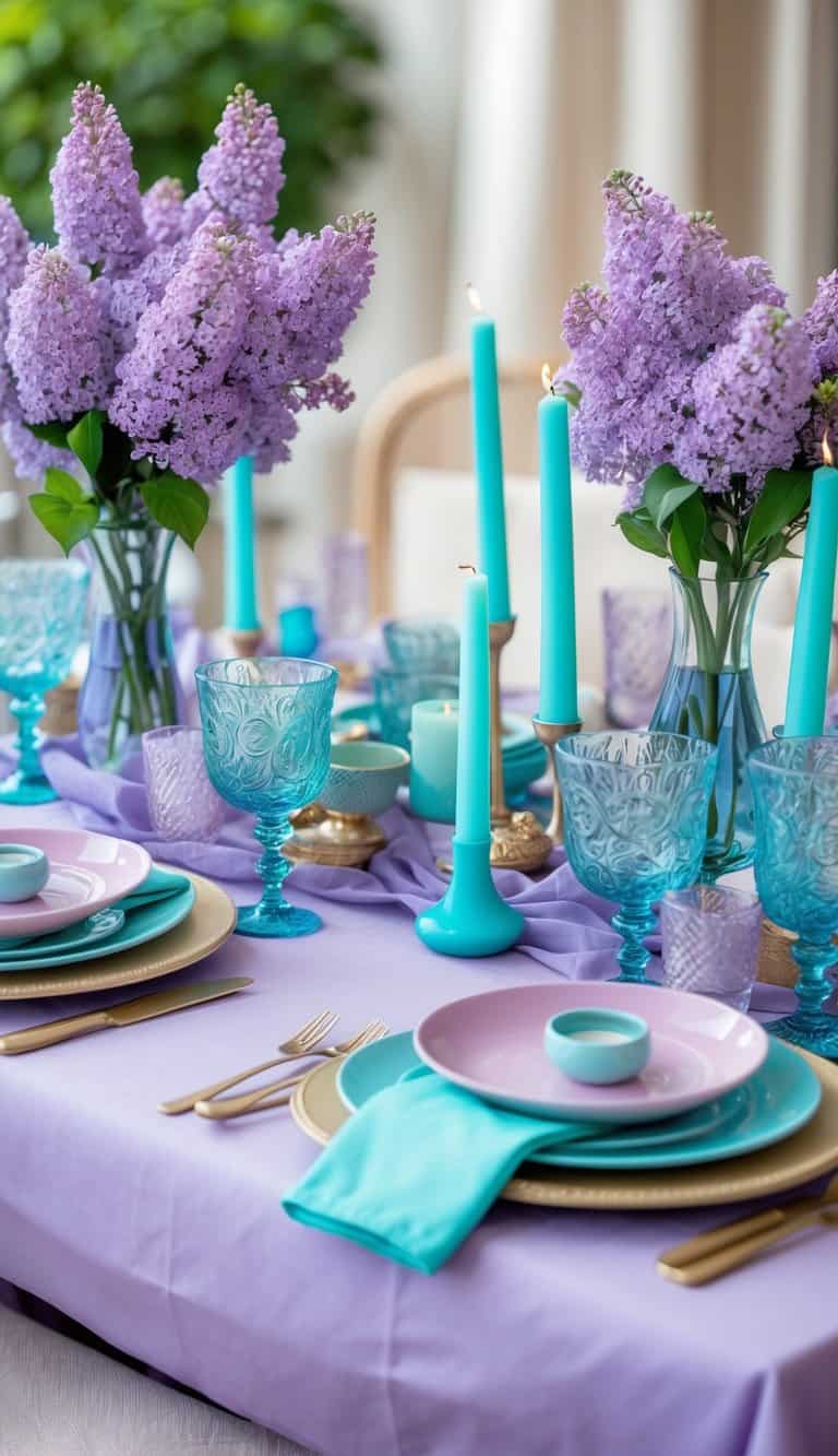 Dining table set with lilac tablecloth and aqua accents, decorated with flowers, candles, and dishware.