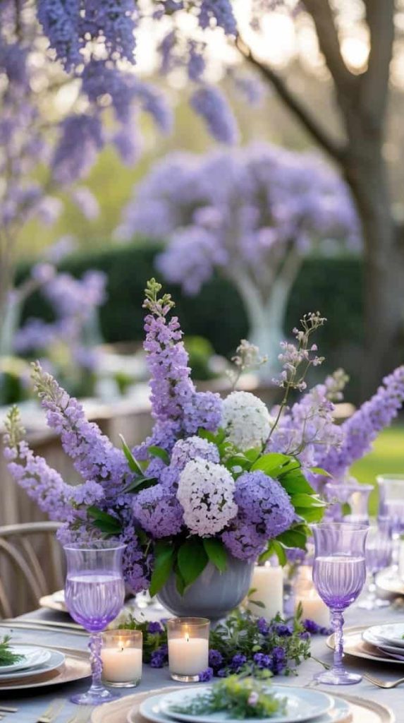 Elegant outdoor table set with purple and white floral centerpiece, lavender napkins, candles, and glassware, surrounded by blooming wisteria trees in a garden setting.