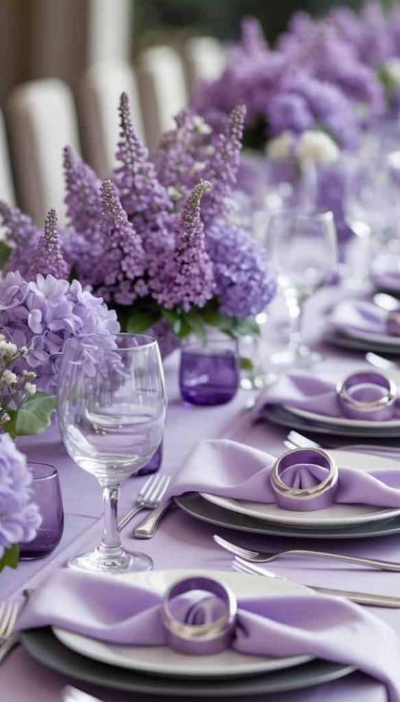 Elegant table setting with white plates, glasses, and silverware on a light purple tablecloth, decorated with lavender and lilac flower arrangements.