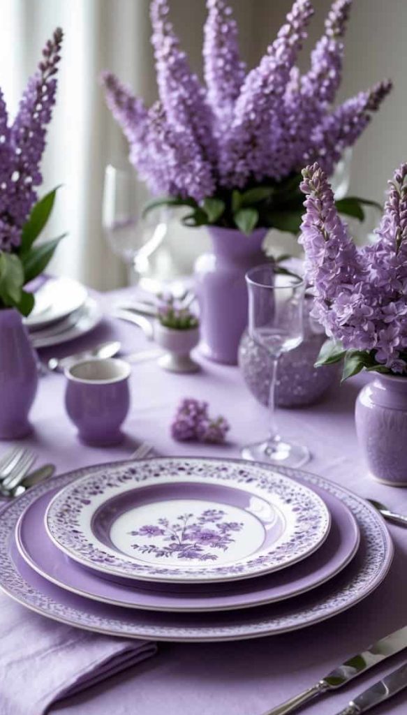 A dining table set with purple floral plates, silver cutlery, glassware, and vases of lilac flowers on a lavender tablecloth.