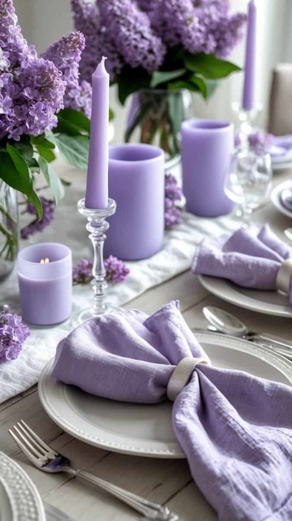 A dining table set with white plates, lavender napkins, lilac candles, and vases of purple flowers arranged as a centerpiece.