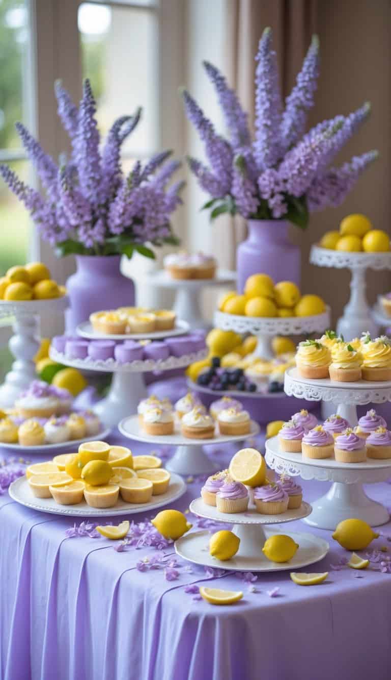 A dessert table decorated with lilac flowers, lemons, and various lemon and lilac-colored desserts arranged on platters and stands.