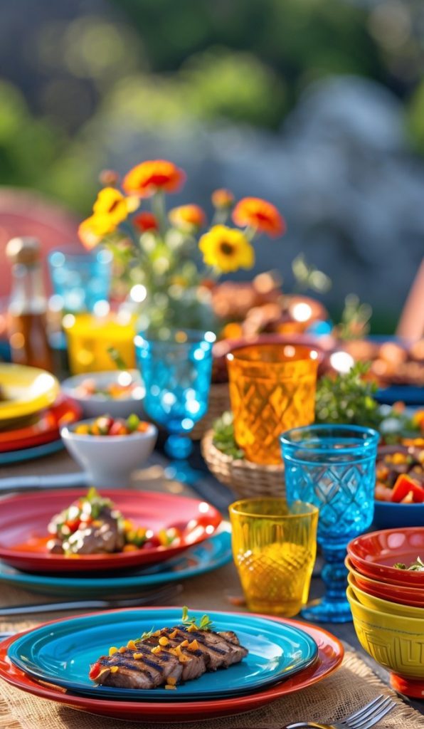 A colorful outdoor table is set with vibrant plates, glasses, bowls, and cutlery, featuring grilled meat, salads, and flowers in a vase, ready for a meal in natural sunlight.