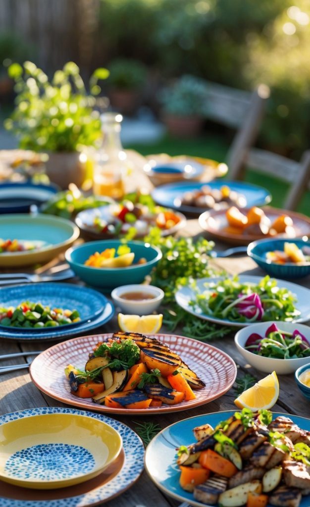 A wooden outdoor table set with plates of grilled vegetables, salads, lemon wedges, and various side dishes, arranged for a meal in a garden setting.