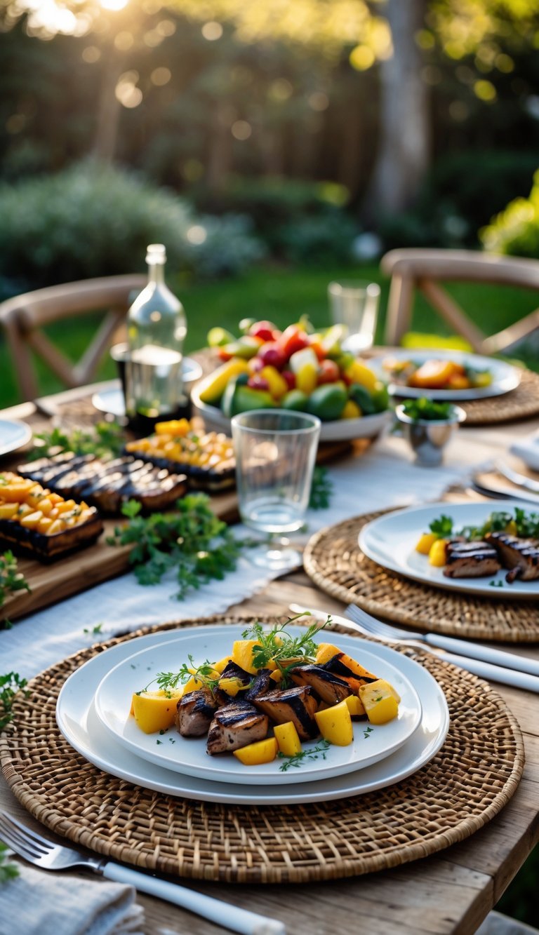 An outdoor BBQ table set with woven rattan chargers, plates, fresh food, and greenery in a garden setting.