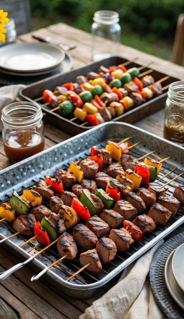 Metal trays on an outdoor table hold grilled meat and vegetable skewers. Mason jars and empty plates are set nearby for a meal.