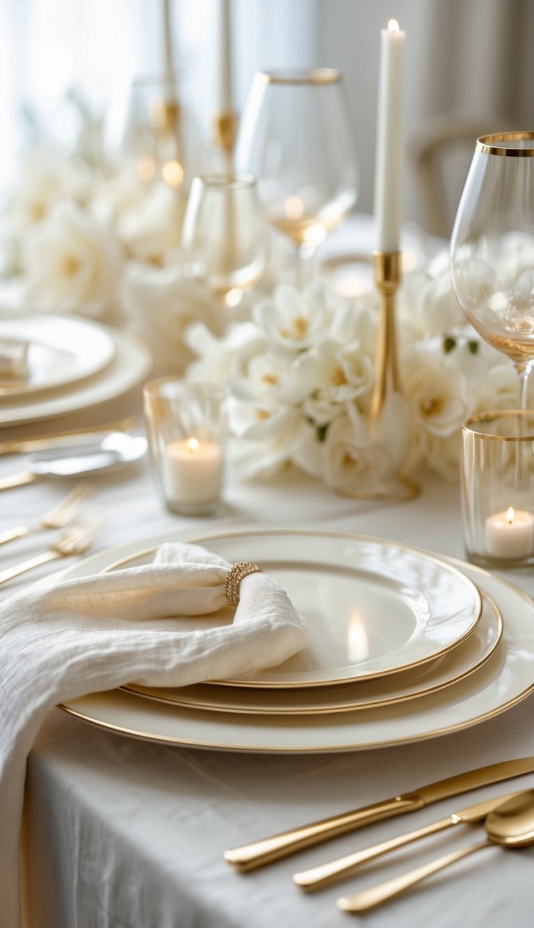 A table set with ivory plates and soft gold-rimmed glasses arranged in an elegant and harmonious setting.