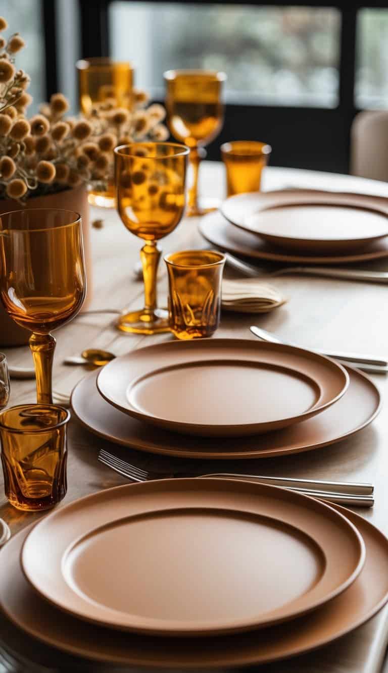 A table set with caramel-colored plates and amber glassware arranged neatly for a meal.