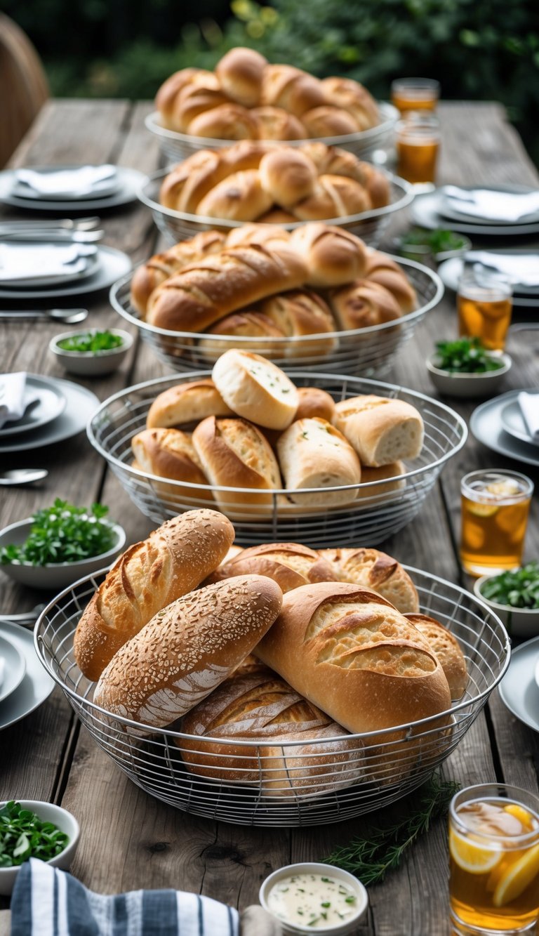 Metal wire baskets filled with fresh bread rolls on a wooden table set for a BBQ meal.