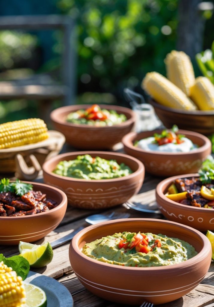 A wooden table set outdoors with bowls of guacamole, grilled vegetables, corn on the cob, lime wedges, and cutlery, arranged for a meal.