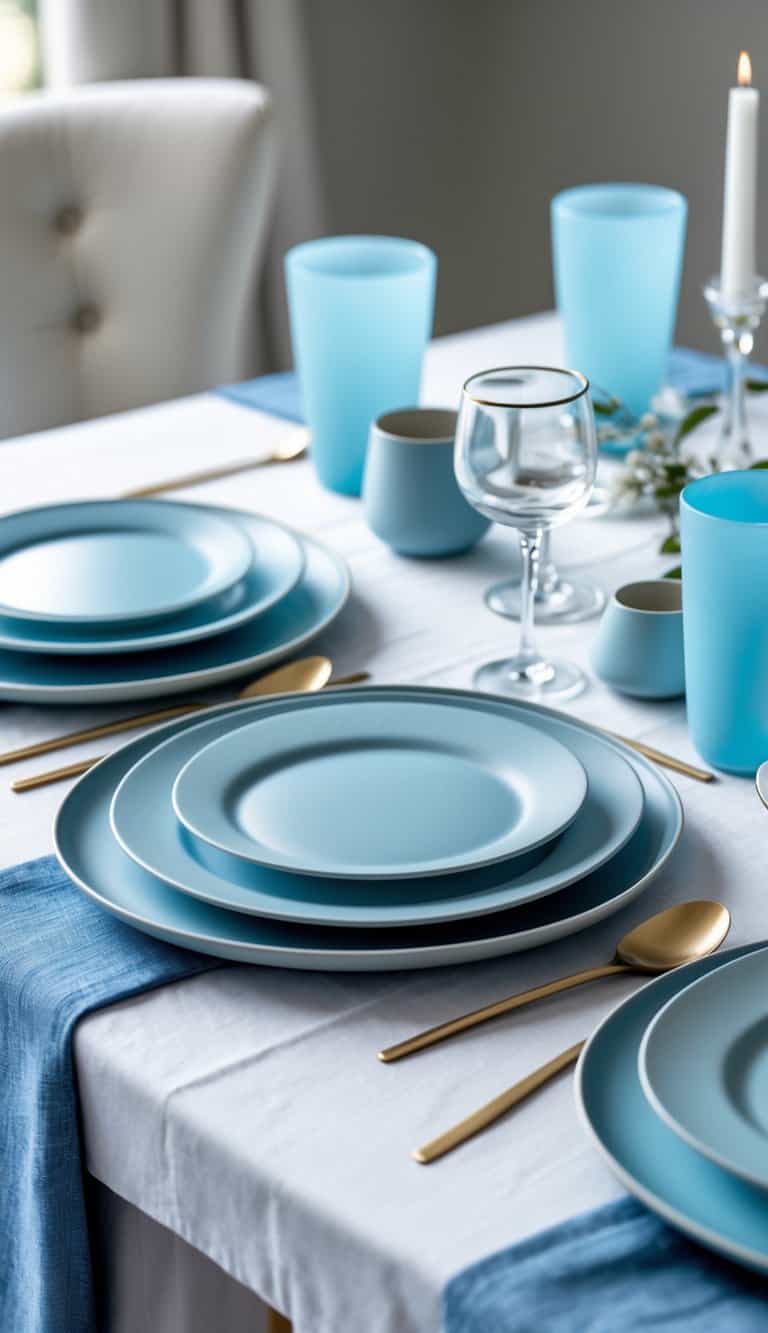 A table set with light blue plates and frosted glassware arranged neatly.