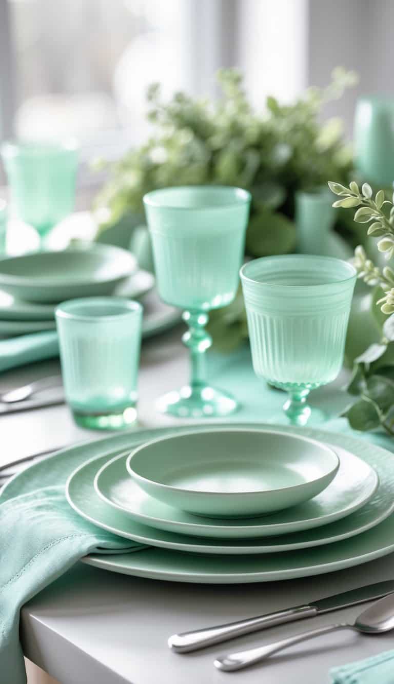 A table set with pale aqua plates and seafoam green glassware arranged neatly for a meal.