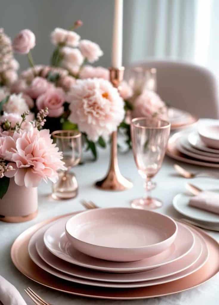 Elegant table setting with pink plates, gold cutlery, pink glassware, and a floral centerpiece featuring pink flowers on a white tablecloth.
