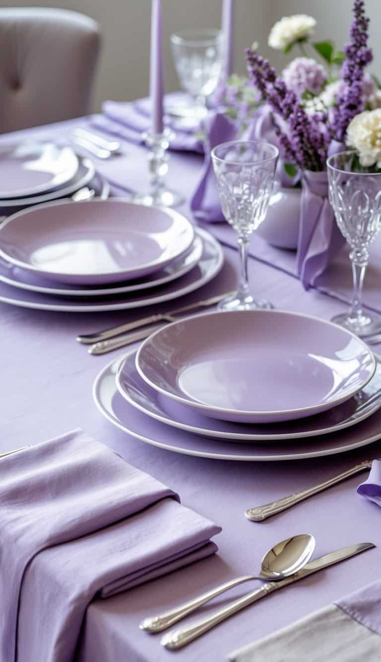 A table set with pale lavender plates and silver flatware on a matching lavender tablecloth.