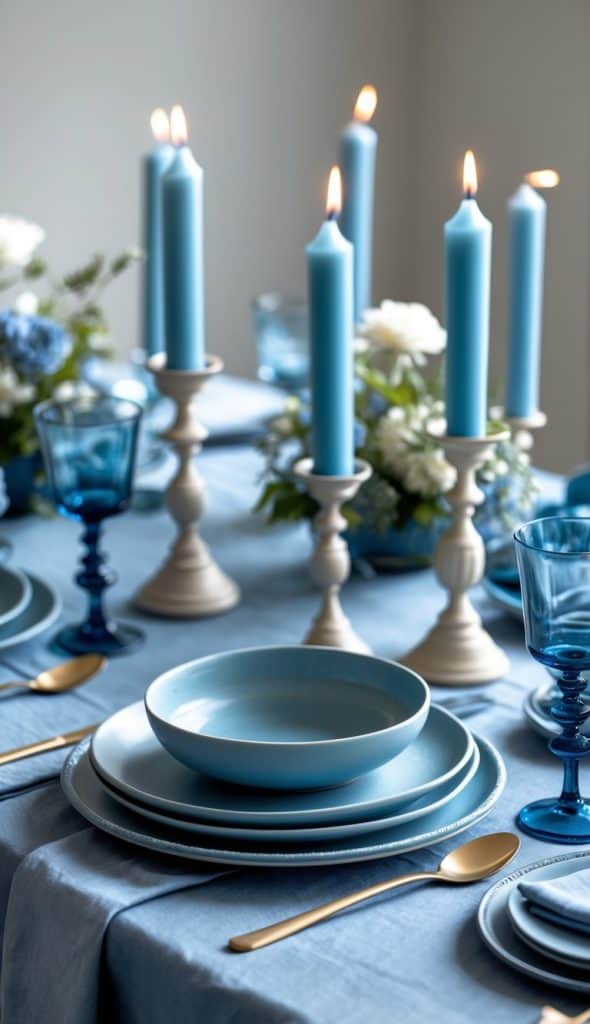 A dining table set with blue plates, bowls, and glasses, gold cutlery, blue candles on white holders, and white and blue floral arrangements.