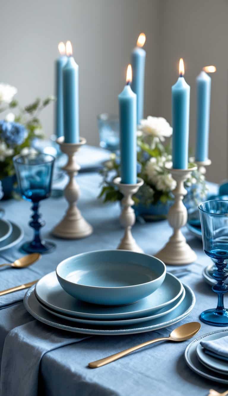 A table set with dusty blue plates and matching blue candles arranged in a coordinated tablescape.
