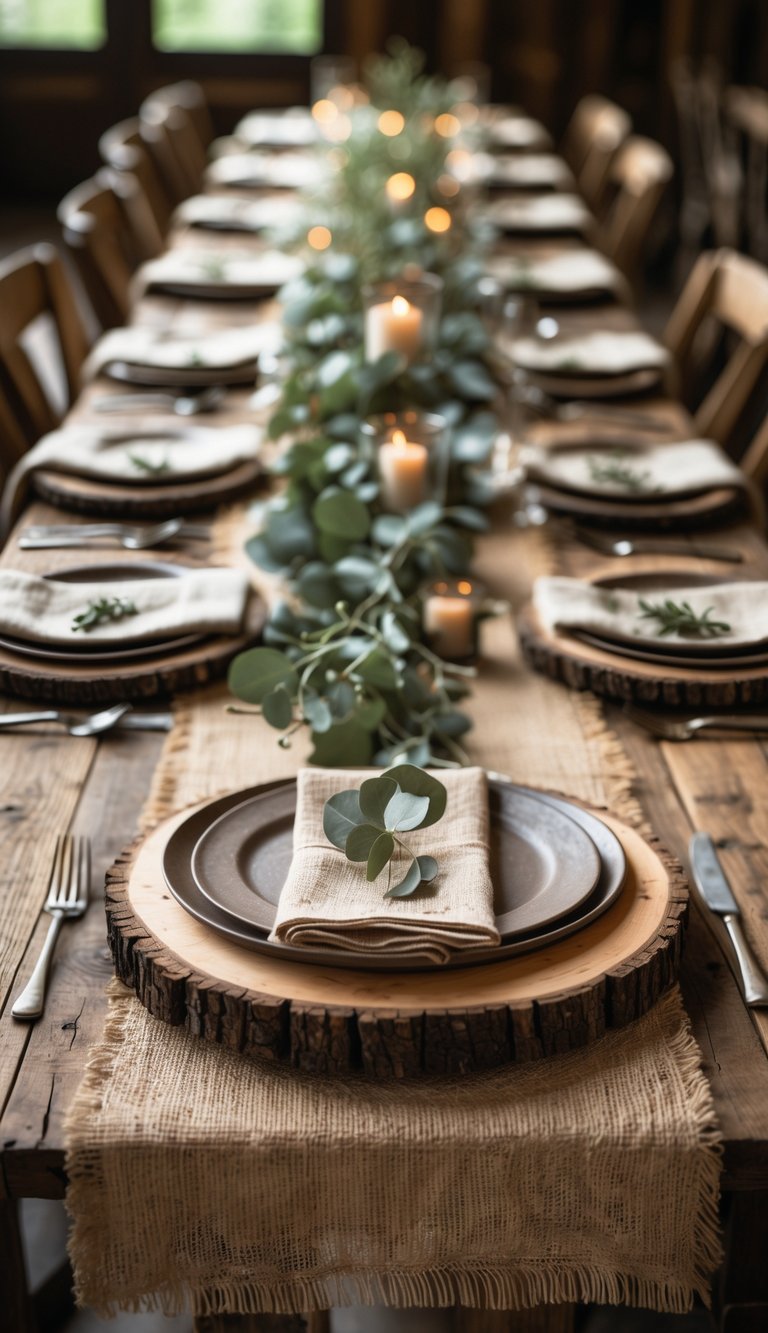 A dining table set with rustic wooden plank charger plates, ceramic dishes, linen napkins, and greenery in a warm, inviting setting.