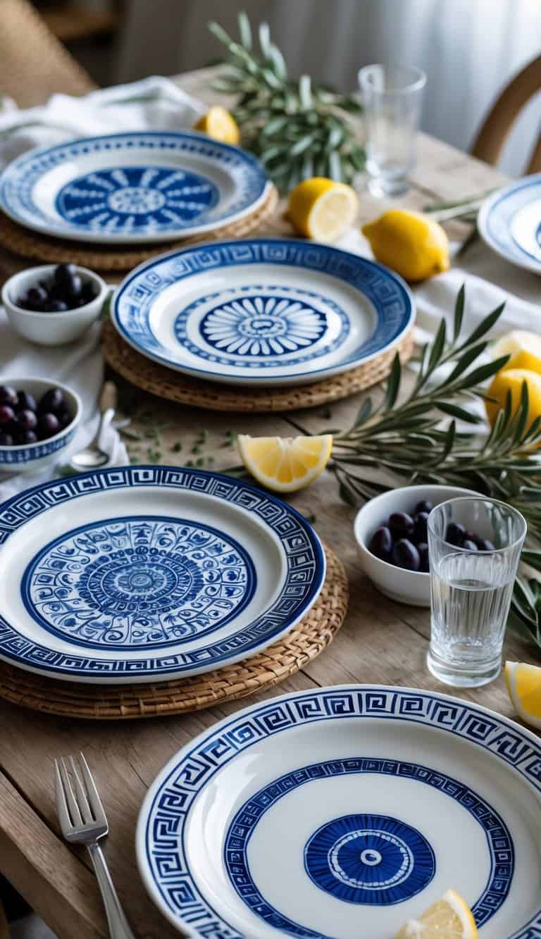 A wooden table set with white ceramic plates decorated with blue patterns, accompanied by olives, lemon wedges, and clear glasses.