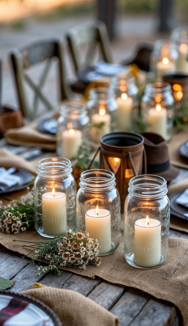 A wooden table set with mason jars holding lit candles surrounded by dried flowers and western-themed decorations.