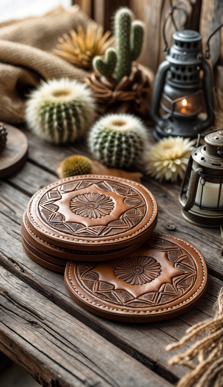 A rustic wooden table with leather coasters featuring western tooling surrounded by dried flowers, small cacti, and vintage metal decor.