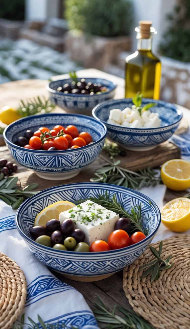 A table set outdoors with hand-painted ceramic bowls filled with Mediterranean foods and surrounded by natural elements like olive branches and lemon slices.