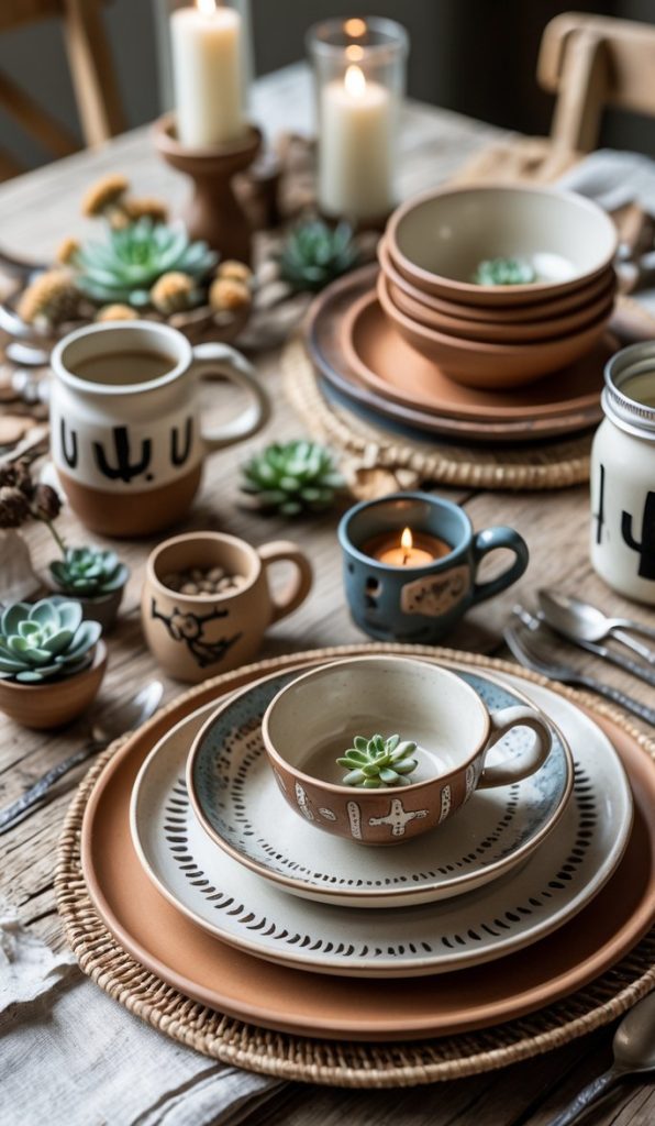 A rustic table set with ceramic plates, bowls, mugs, candles, and small succulents, featuring southwestern and cactus designs on a wooden surface.
