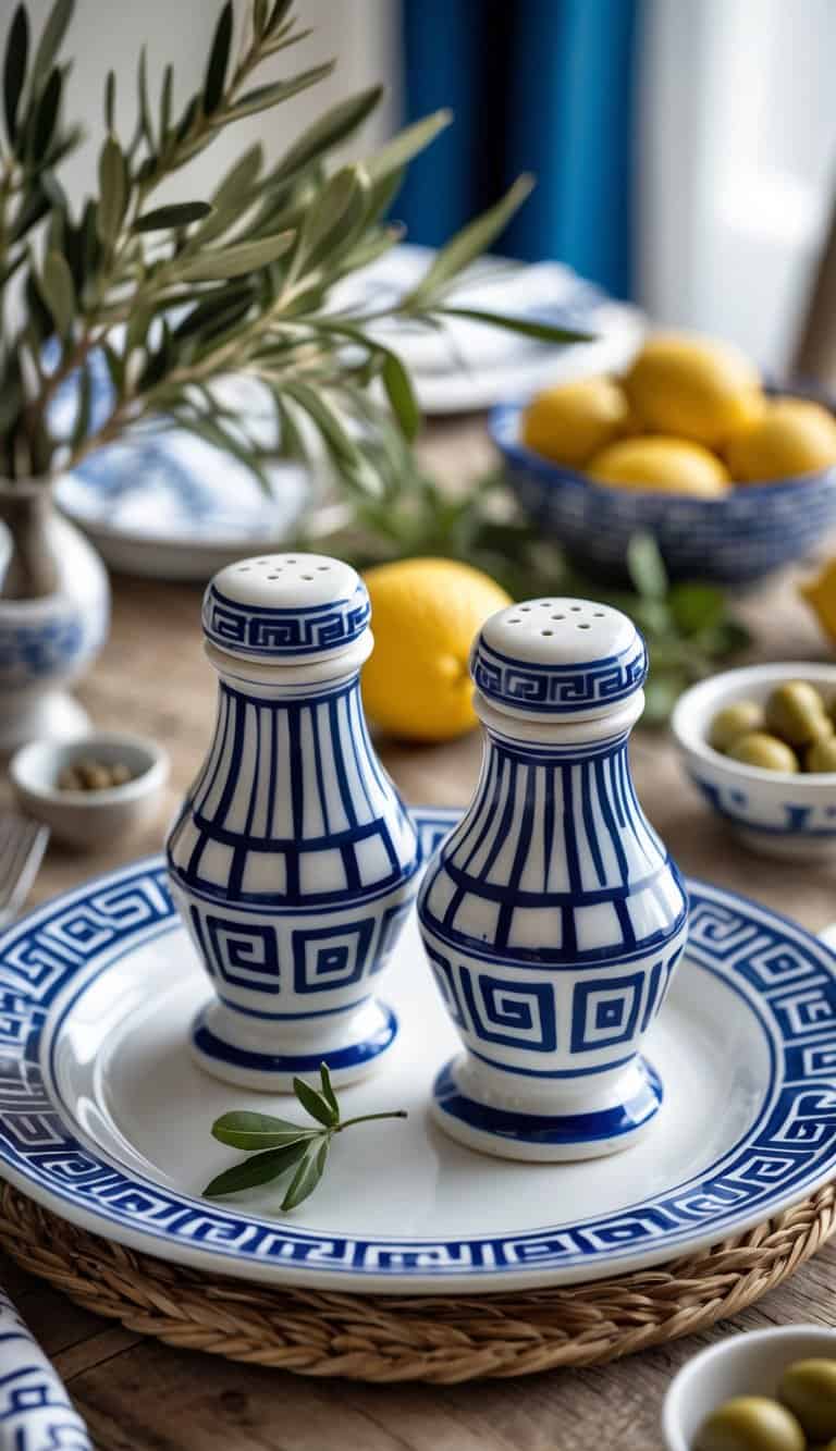 Blue and white ceramic salt and pepper shakers on a wooden table surrounded by olives, lemons, and olive branches.