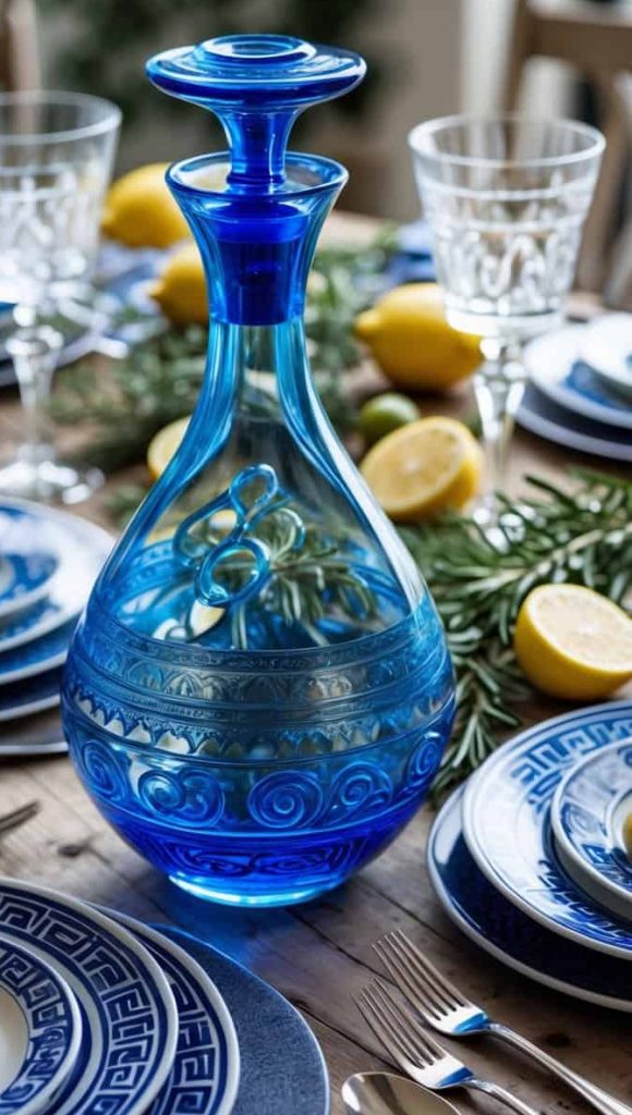 Blue glass decanter with Greek key pattern for summer table setting.