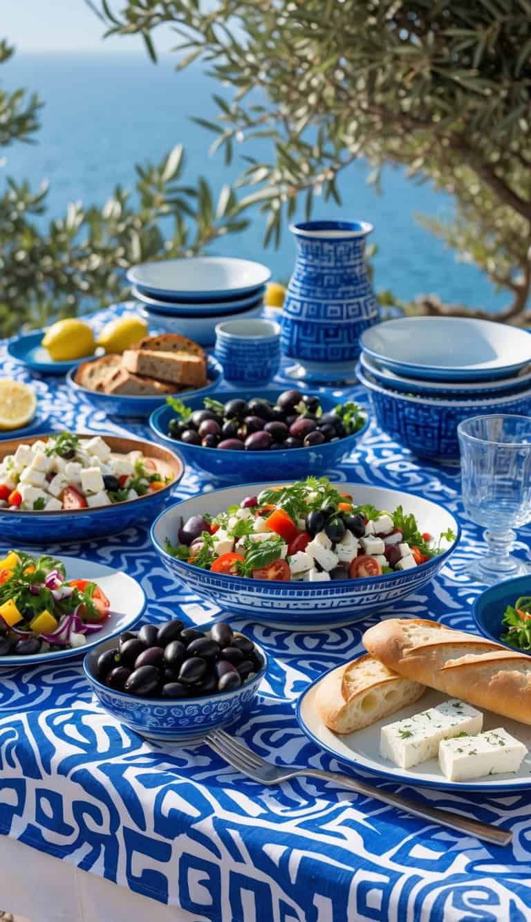 A table set outdoors with a blue and white patterned tablecloth, plates of Greek food, bowls, glasses, and greenery in the background.