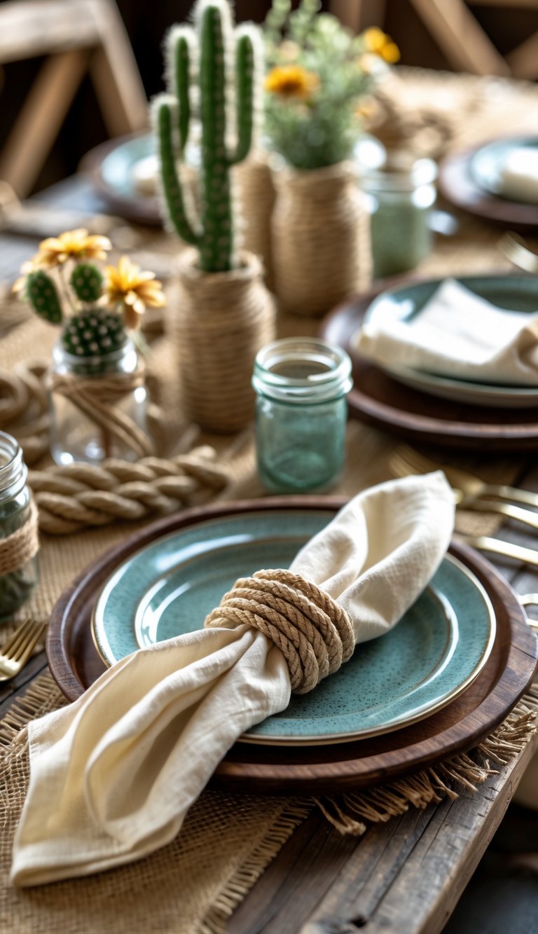 A rustic western dining table set with mini lasso napkin rings on folded napkins, surrounded by natural decor like wildflowers and small cacti.
