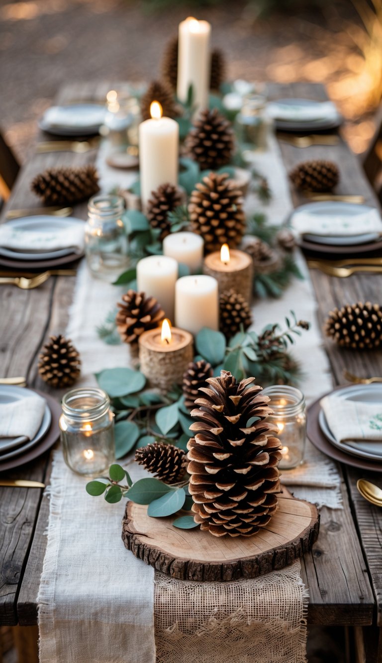 A wooden table set with pine cones, natural greenery, candles, and simple tableware in a rustic setting.