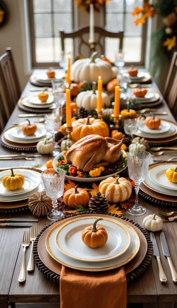 A dining table set for Thanksgiving with a roast turkey, candles, small pumpkins, pinecones, and autumn-themed decorations. Plates and glasses are neatly arranged for guests.