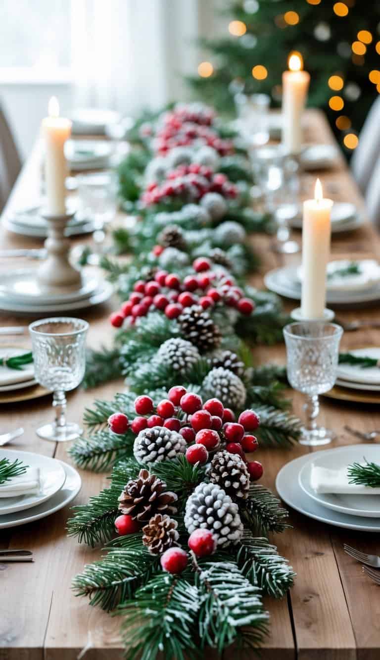 A winter dining table decorated with a frosted berry garland runner, candles, and elegant place settings.