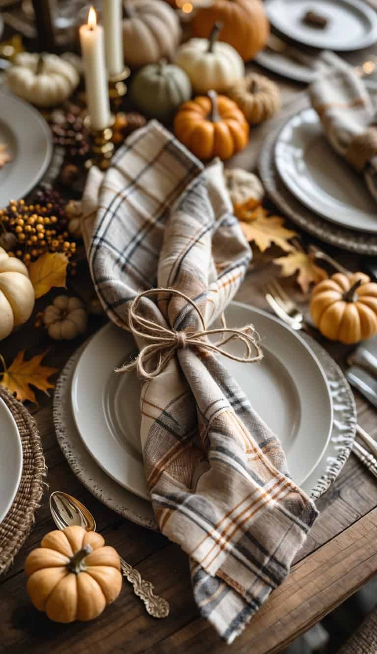A Thanksgiving table setting with plaid linen napkins tied with twine on a wooden table surrounded by autumn decorations.