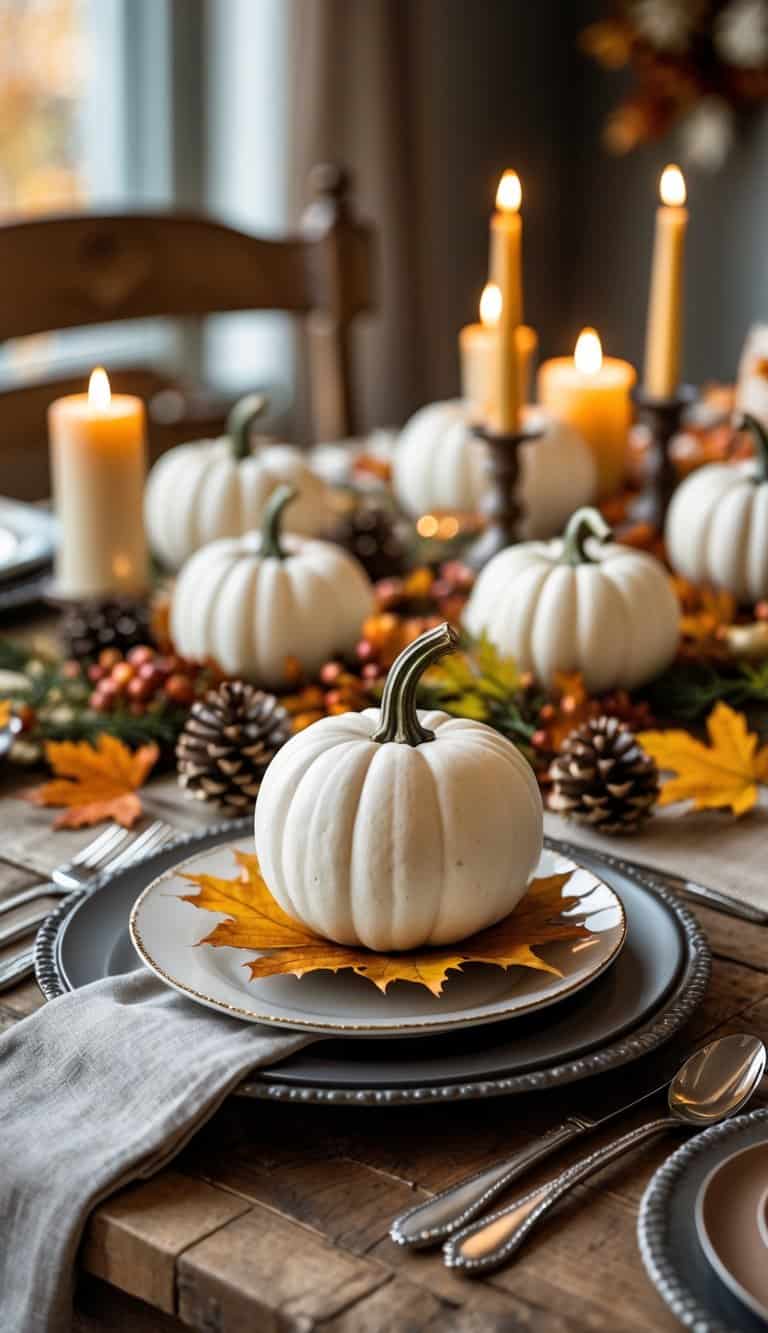 A Thanksgiving table set with miniature white pumpkins used as place cards surrounded by autumn decorations and tableware.
