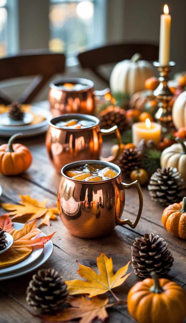 A Thanksgiving table set with copper mugs, autumn decorations, and candles on a wooden surface.