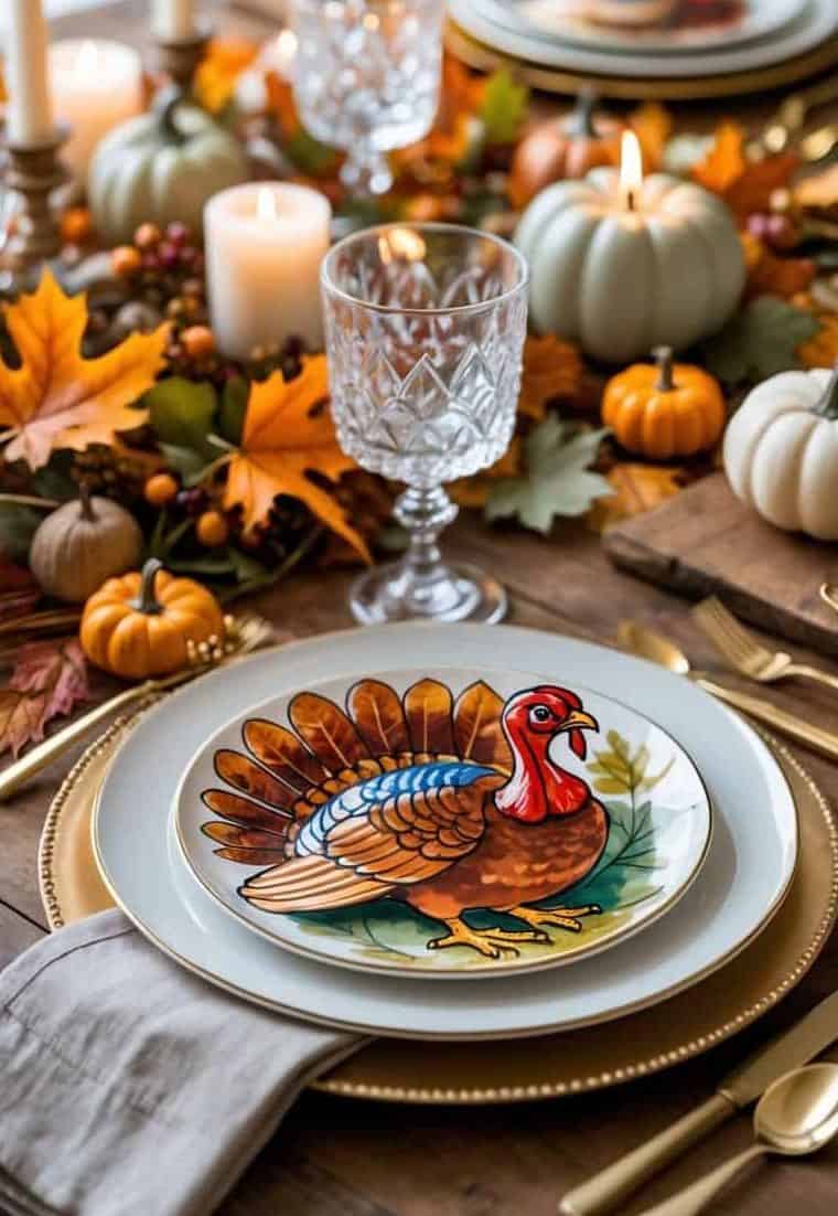 A Thanksgiving table setting with fall decorations, candles, mini pumpkins, and a plate featuring a painted turkey design.