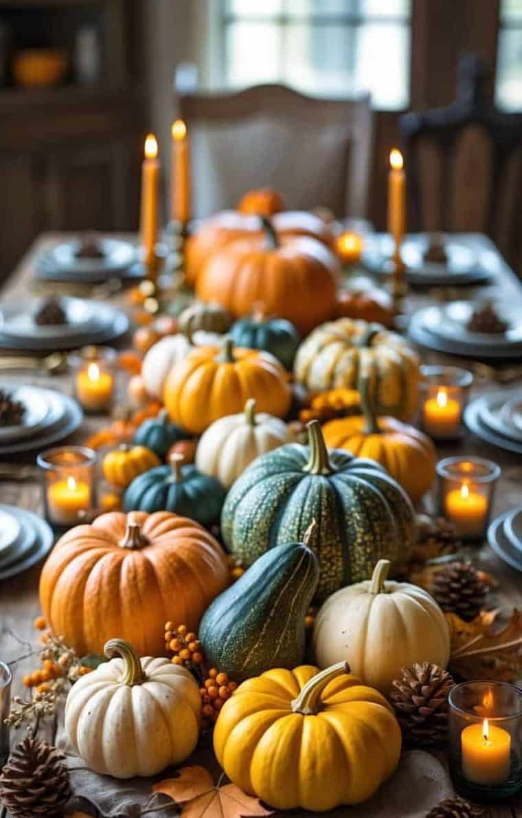 A dining table decorated with various pumpkins, candles, pinecones, and autumn leaves, set for a festive fall meal.