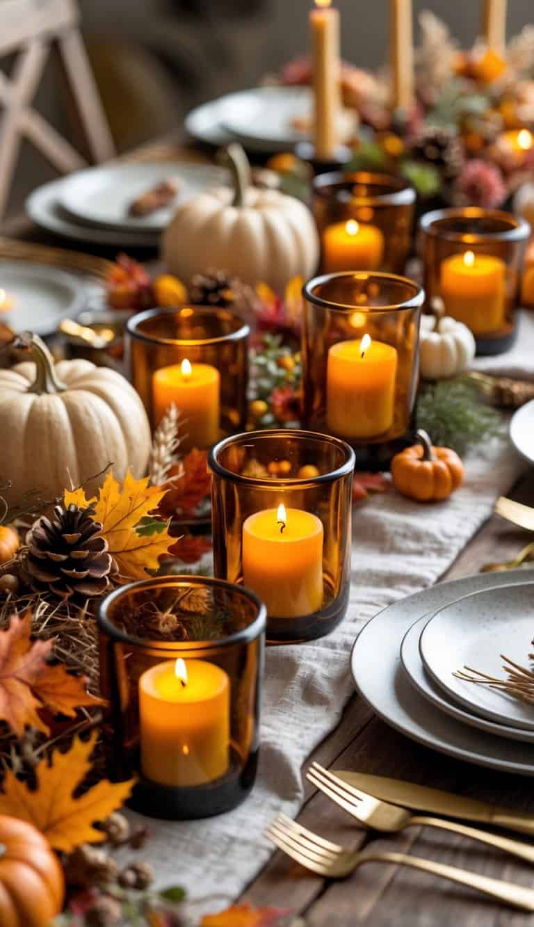 A Thanksgiving table set with amber glass votive candle holders, autumn decorations, plates, and cutlery.