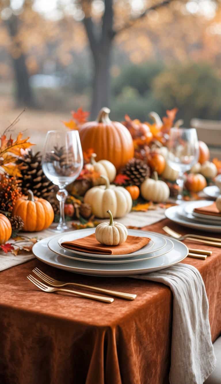 A Thanksgiving table set with a rust-colored velvet tablecloth, autumn decorations, plates, glasses, and silverware.