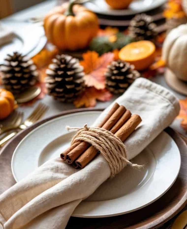 A fall-themed table setting with white plates, cinnamon sticks tied in twine on a napkin, pine cones, mini pumpkins, and autumn leaves as decoration.