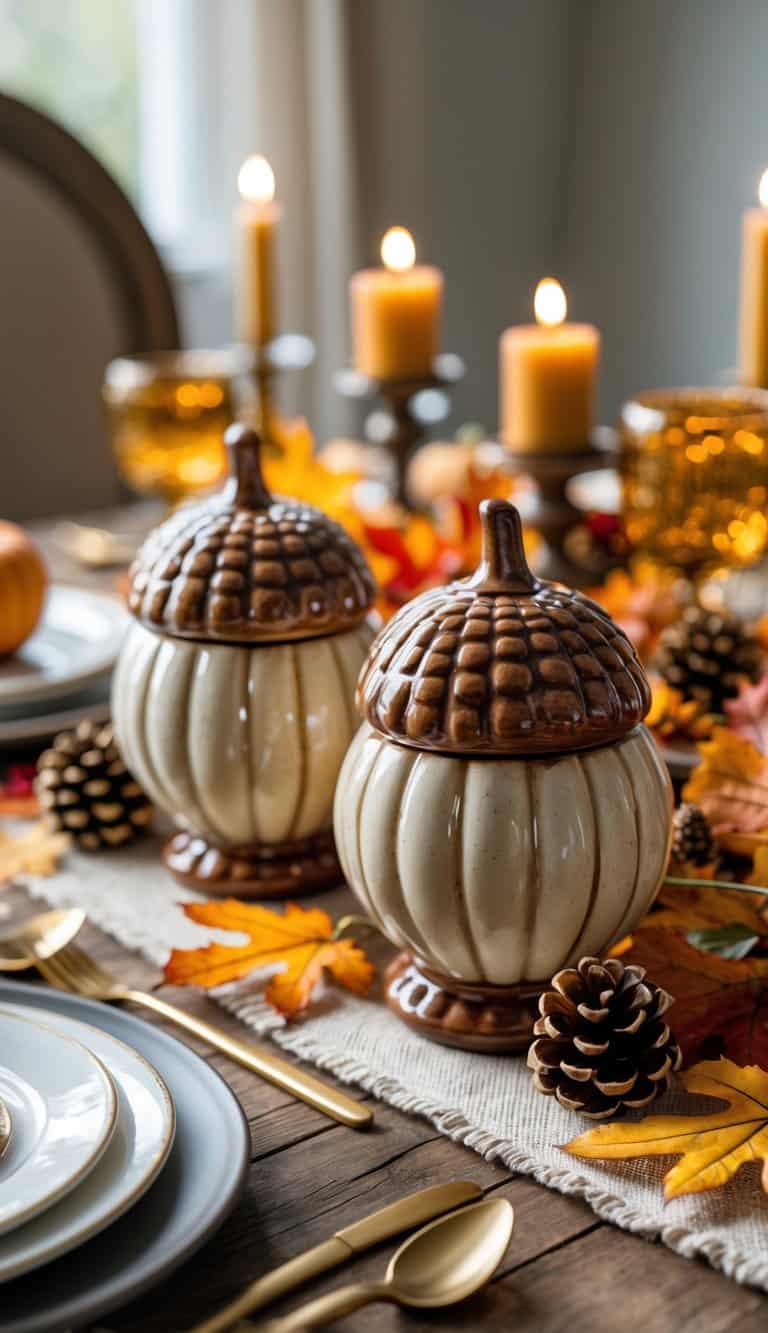 A Thanksgiving dining table with acorn-shaped salt and pepper shakers surrounded by autumn decorations and table settings.
