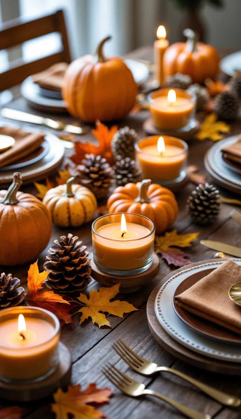 A Thanksgiving dining table decorated with mini pumpkin spice candles, small pumpkins, fall leaves, and rustic tableware.
