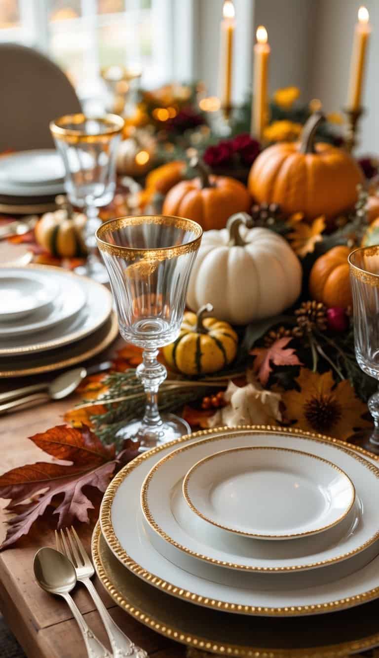 A Thanksgiving table set with gold-rimmed glassware, autumn decorations, candles, and a floral centerpiece.