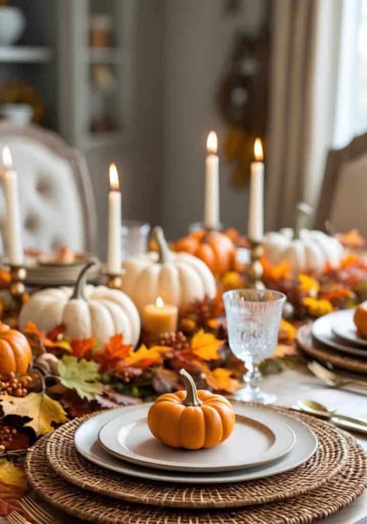 A fall-themed dining table setting with woven placemats, white plates, a small pumpkin centerpiece, candles, and autumn leaves as decoration.