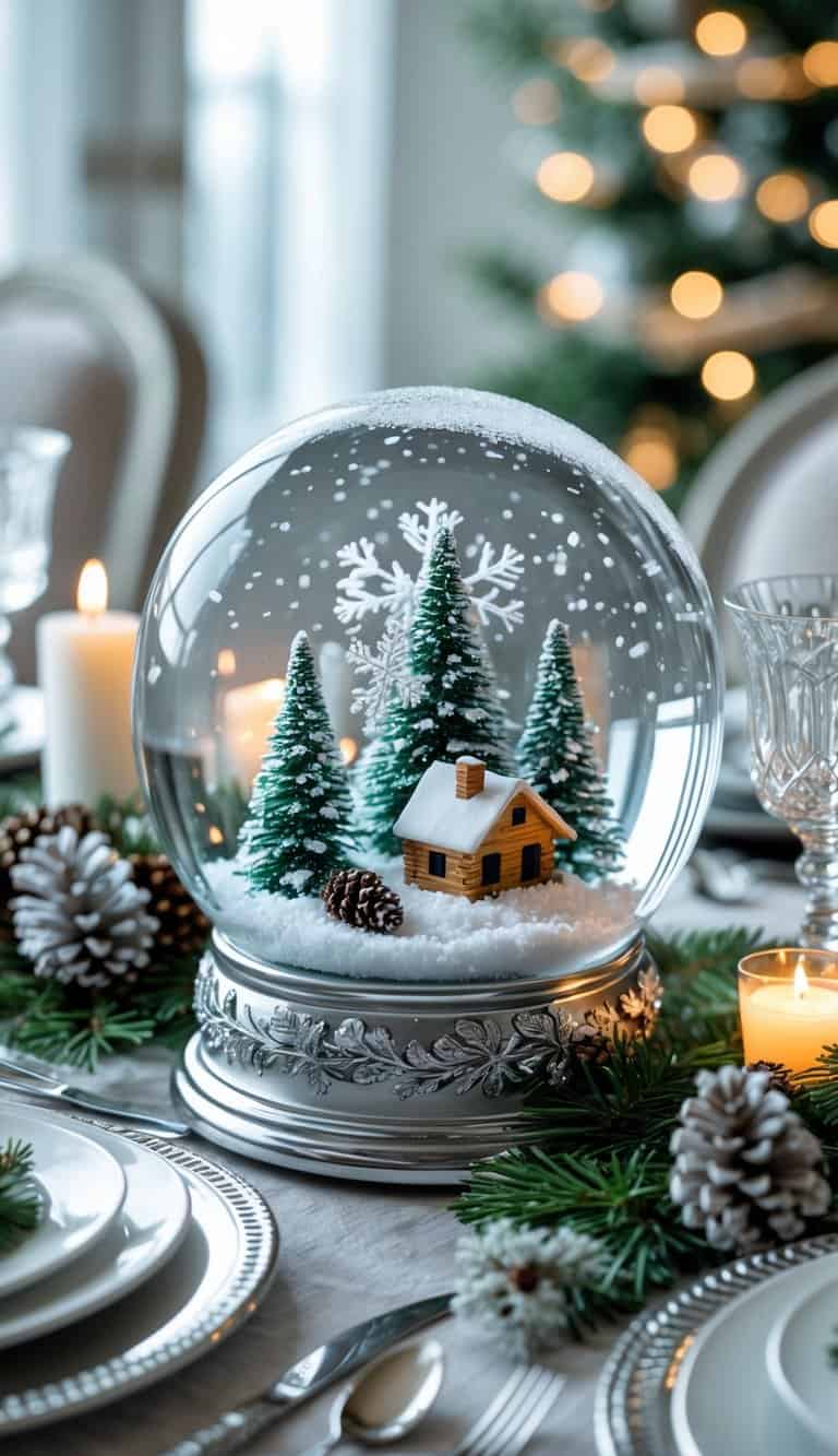 A clear glass snow globe centerpiece on a winter-themed dining table with pinecones, evergreen sprigs, and candlelight.
